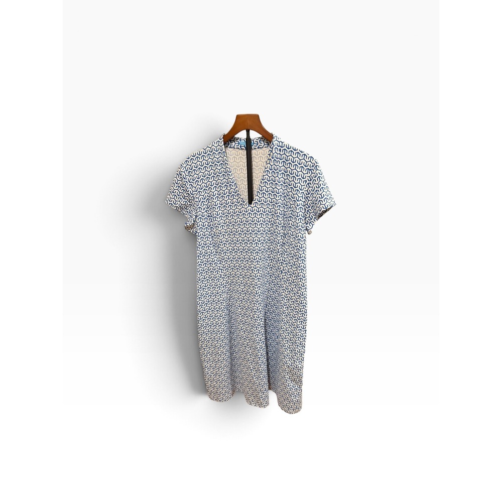 J.McLaughlin Catalina Cloth Dress XL Blue White Geometric V-Neck Short Sleeve